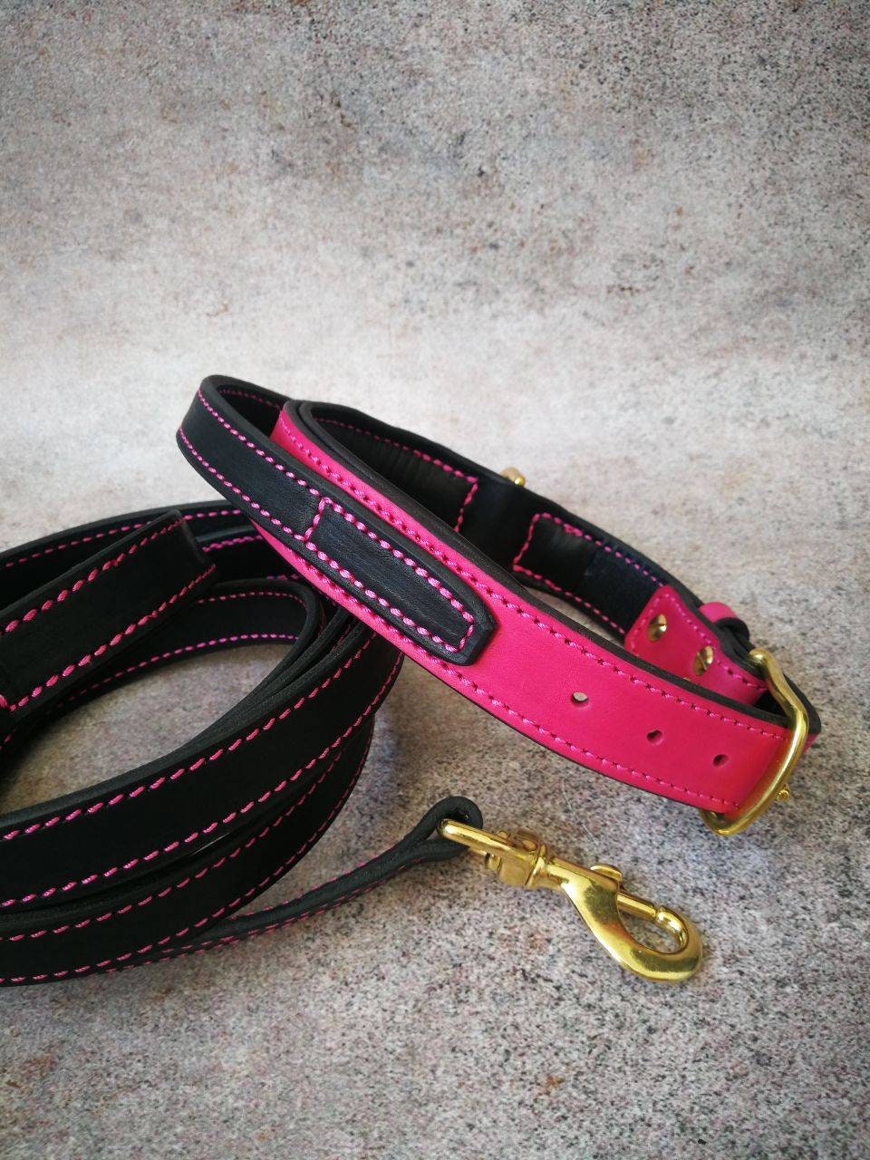 Pink and Black Leather Dog Matching Collar and Leash Set with Solid Brass Hardware, Strong Leather Brass Dog Collar stitched with pink