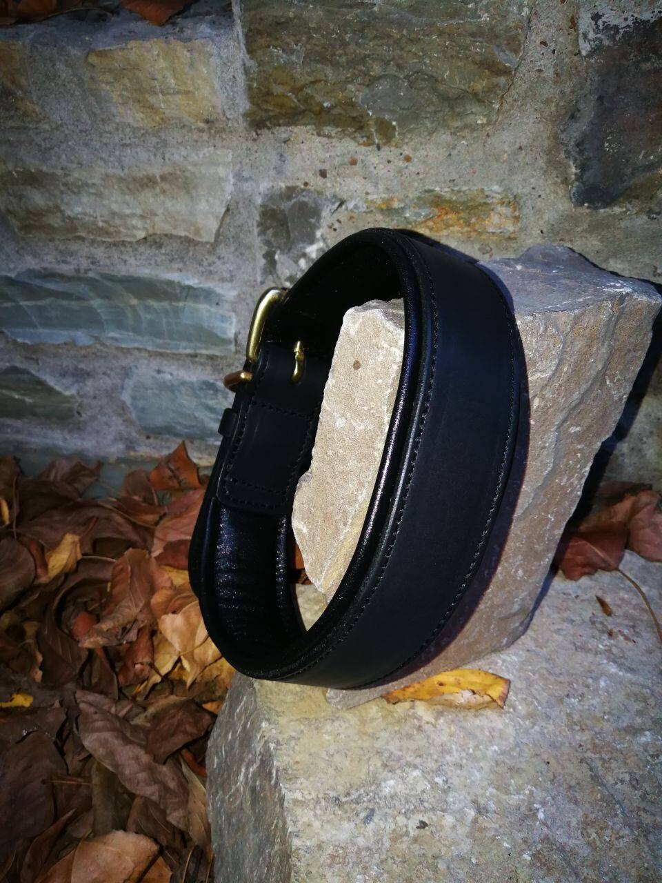 Classic Italian Leather  Dog Collar, Wide Black Leather Padded Dog Collar with soft cushion and solid brass buckle for big and medium dogs