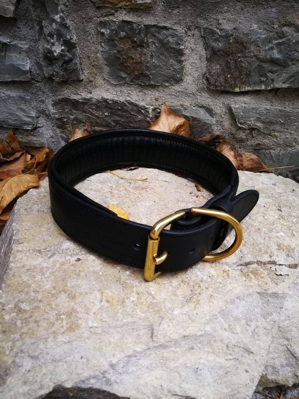 Classic Italian Leather  Dog Collar, Wide Black Leather Padded Dog Collar with soft cushion and solid brass buckle for big and medium dogs