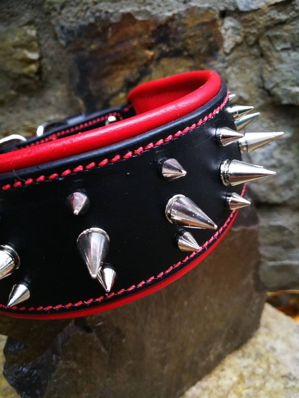 Black Leather Dog Collar with Red Leather Padded and 3 Row Spikes, Wide Padded Studded Leather Dog Collar for Big Dog, Leather Collar Spikes