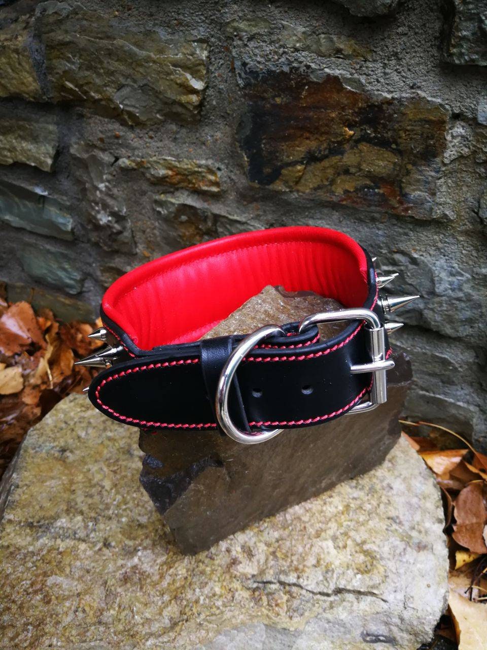 Black Leather Dog Collar with Red Leather Padded and 3 Row Spikes, Wide Padded Studded Leather Dog Collar for Big Dog, Leather Collar Spikes