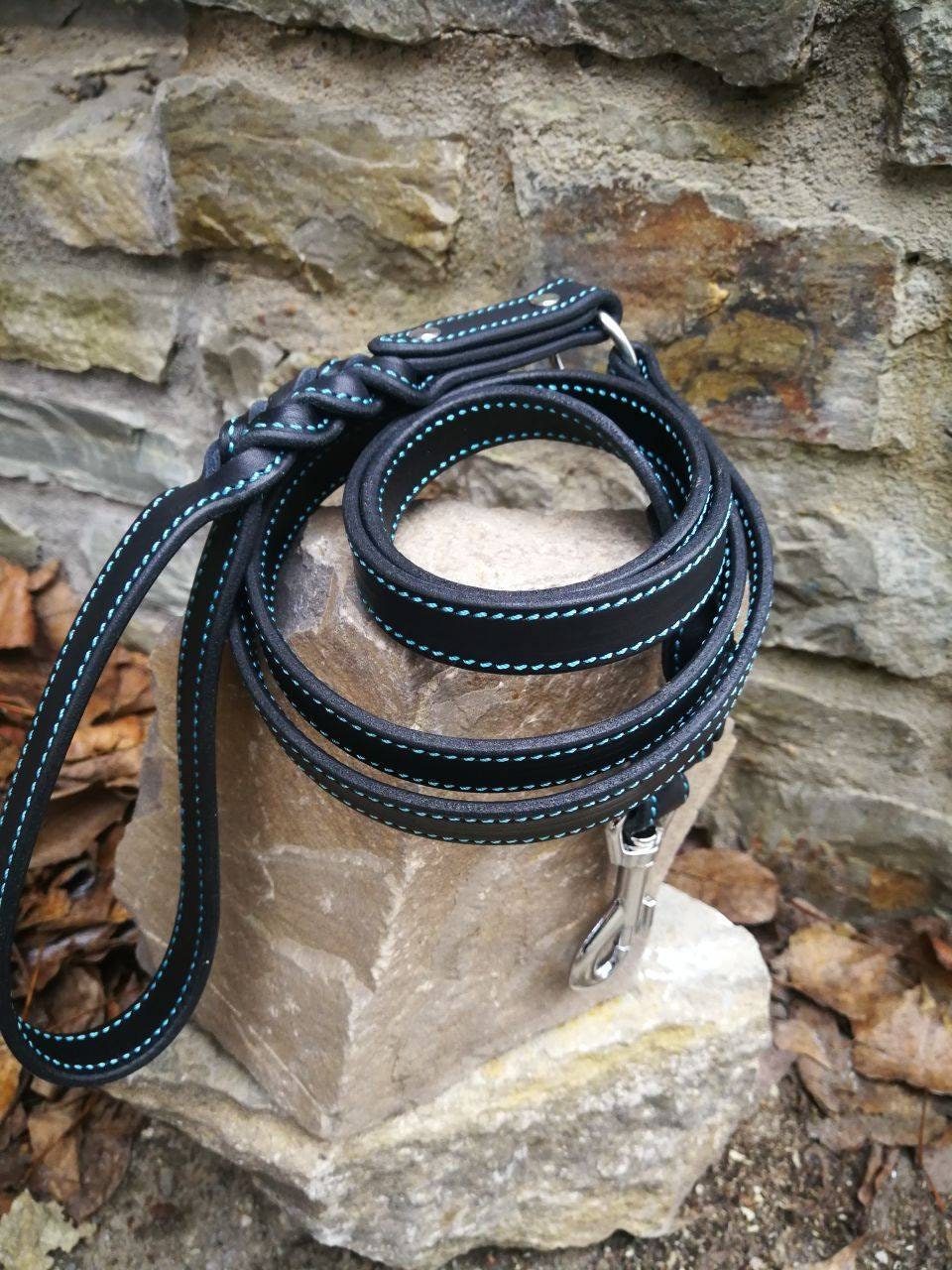 Braided Ends Leather Dog Leash with Ring on Handle. Free Hands Leather Braided Leash for Big and Medium Dog, Leather Stitched Dog Leash,