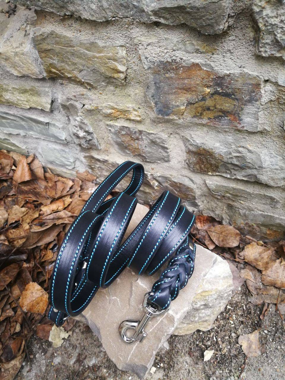 Braided Ends Leather Dog Leash with Ring on Handle. Free Hands Leather Braided Leash for Big and Medium Dog, Leather Stitched Dog Leash,