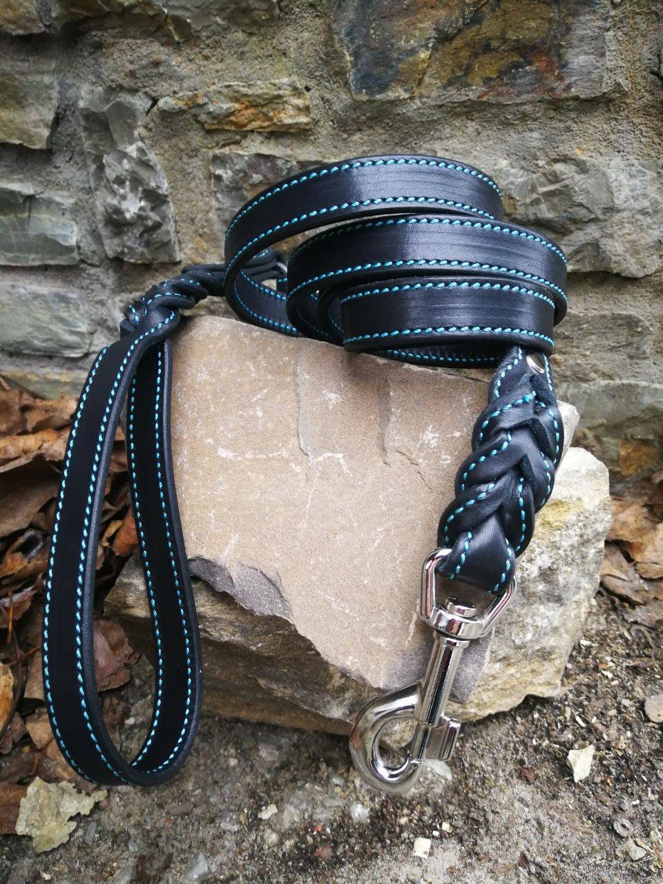 Braided Ends Leather Dog Leash with Ring on Handle. Free Hands Leather Braided Leash for Big and Medium Dog, Leather Stitched Dog Leash,