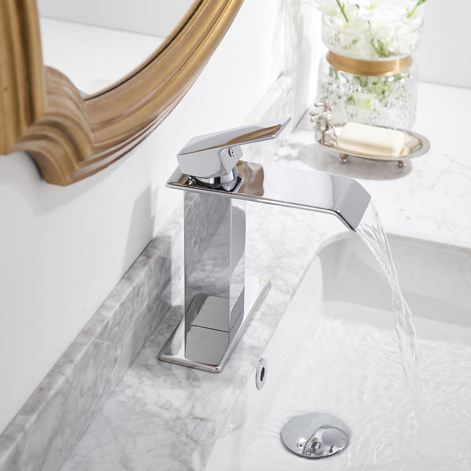 Waterfall Single-Handle Low-Arc Bathroom Faucet With Pop-up Drain Assembly