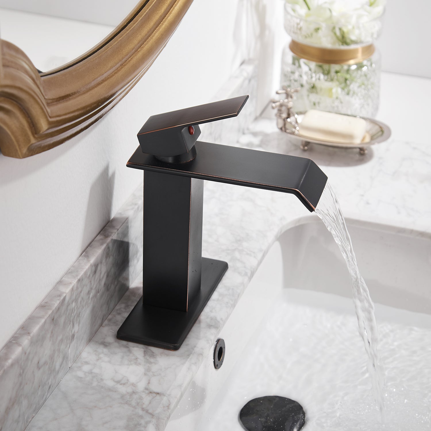 Waterfall Single-Handle Low-Arc Bathroom Faucet With Pop-up Drain Assembly