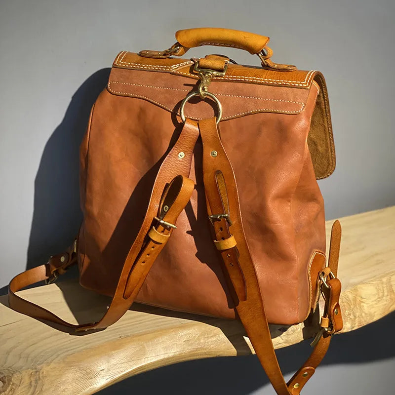 Patch Rivet Brown Genuine Leather Backpack