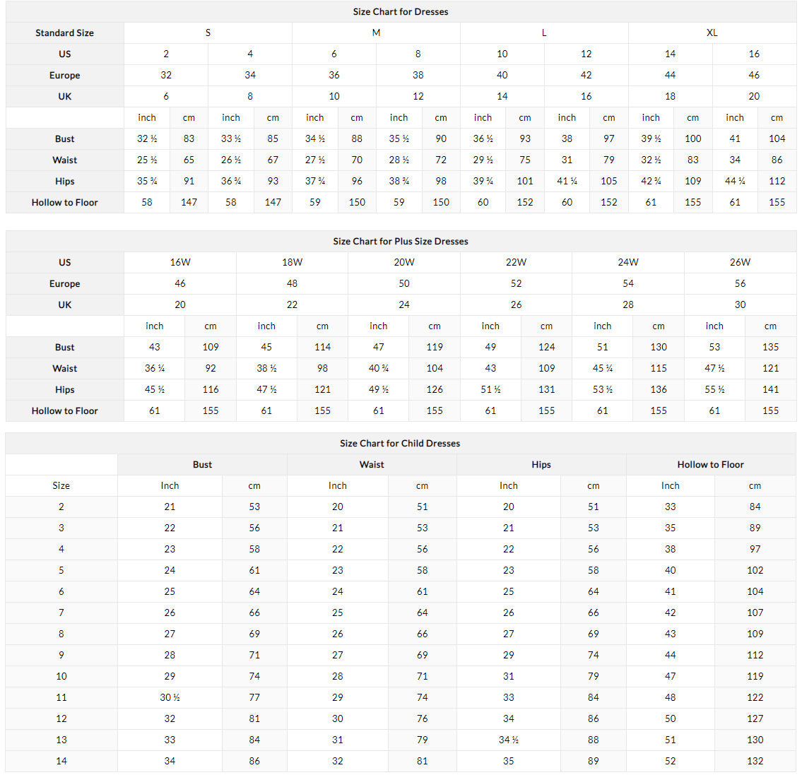 dresstok size chart