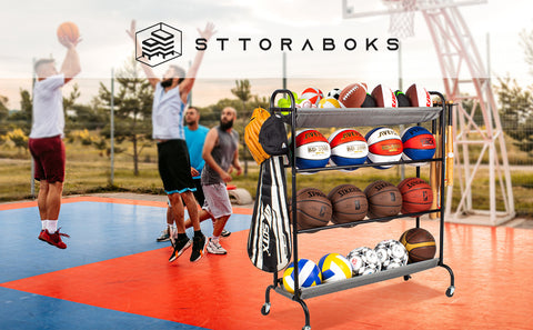 Auto Role Stack Basketball Rack Sttoraboks Basketball Rack, Garage Ball Storage Stand 4-Layer Ball Rac ...