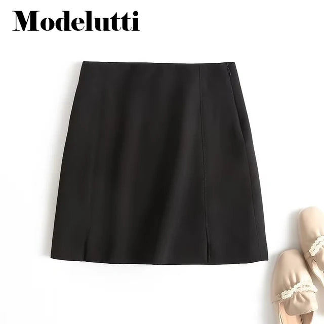 Modelutti 2023 New Autumn Fashion Women Mini Skirt All-match Solid Color Simple Temperament Slim Casual Bottoms Female Chic