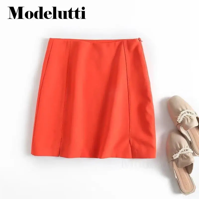 Modelutti 2023 New Autumn Fashion Women Mini Skirt All-match Solid Color Simple Temperament Slim Casual Bottoms Female Chic