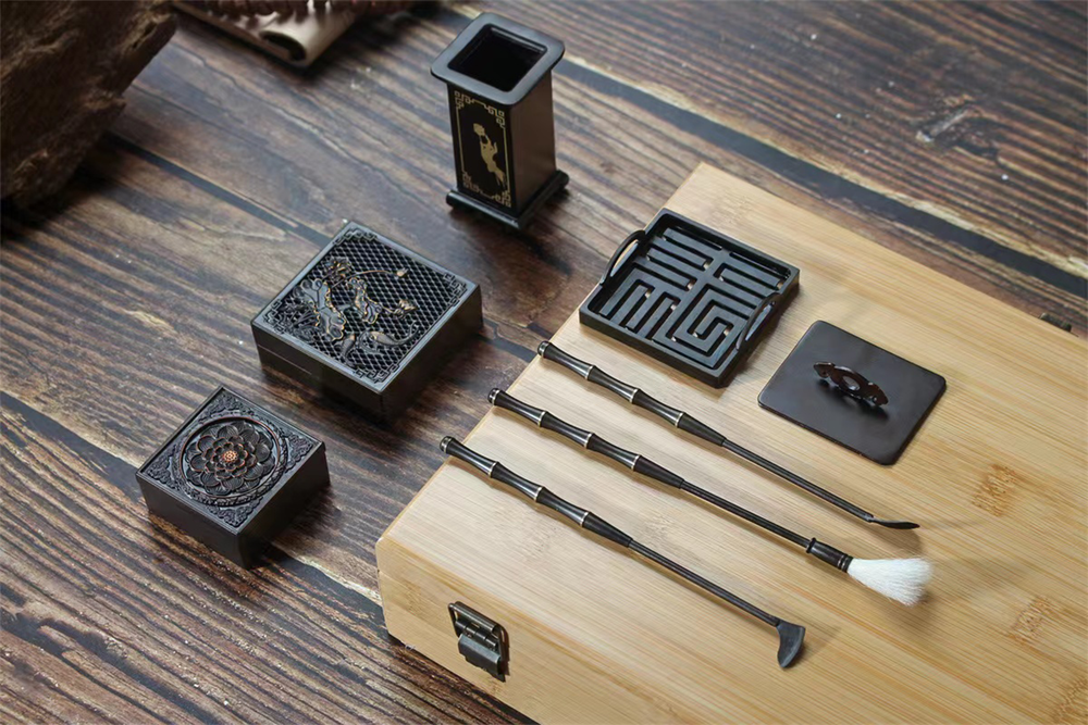 Square incense burner set with tools and accessories