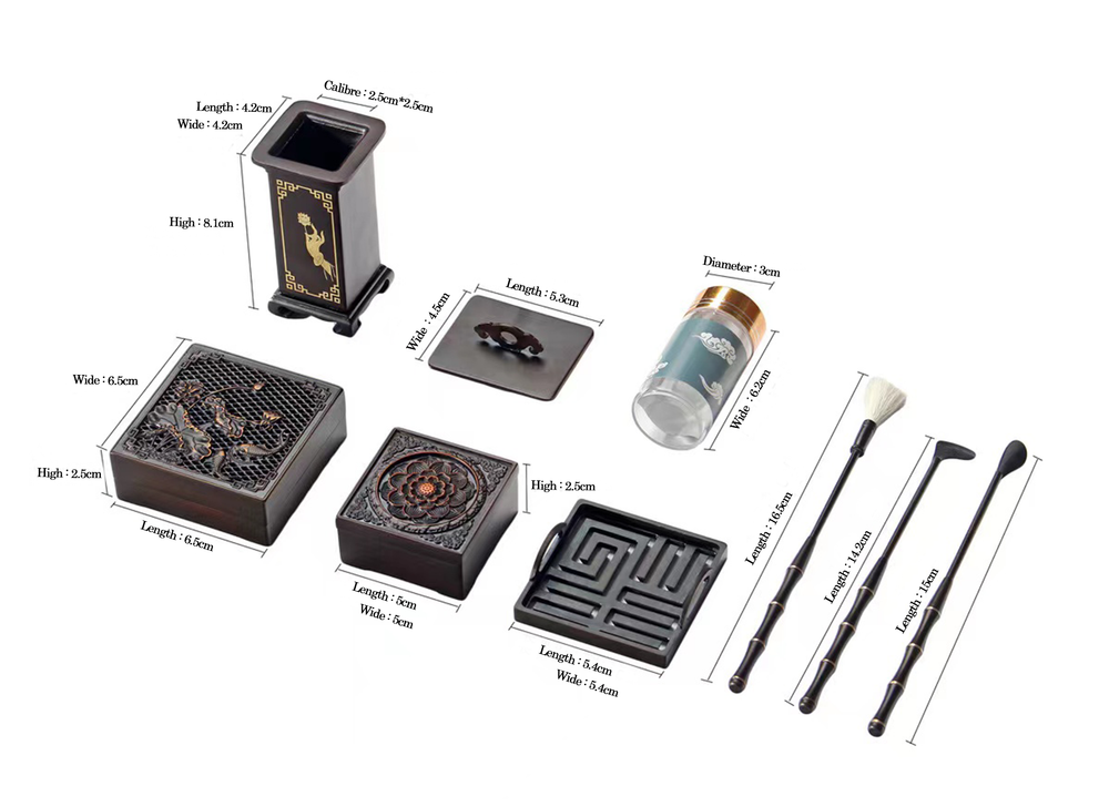 Included pieces in the square pure copper lotus incense burner set