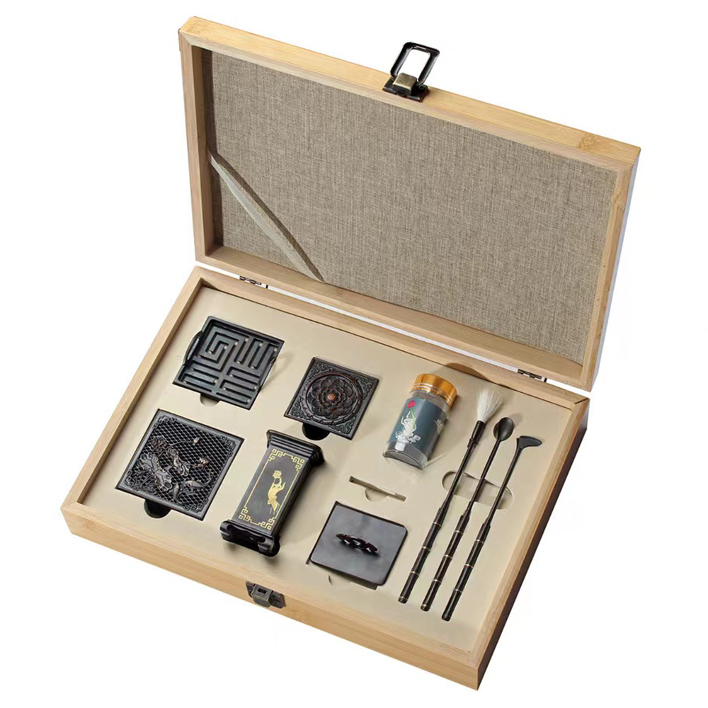 Square pure copper incense burner set in a wooden gift case