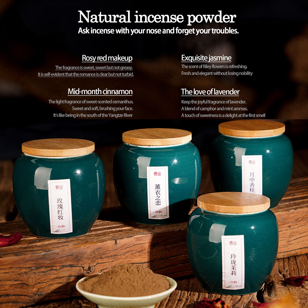 Natural incense powder fragrance overview including lavender and traditional wood scents