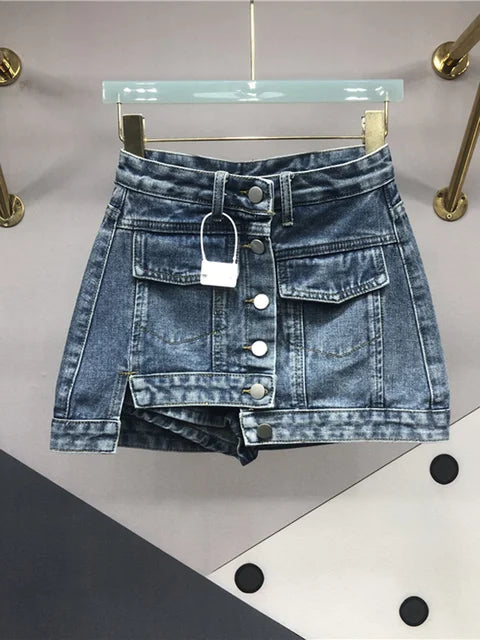 PREPOMP 2023 Spring New Arrival Asymmetric Cargo A-line Denim Skirt Women Versatile High Waist Slim Bodycon Skirts GH374