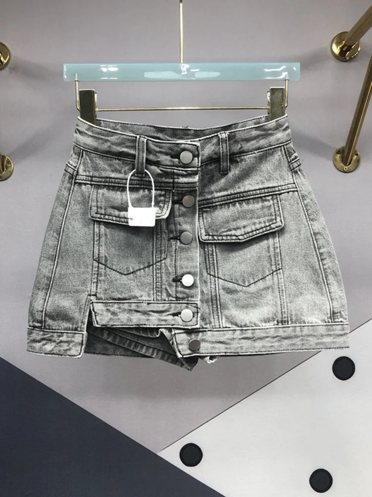 PREPOMP 2023 Spring New Arrival Asymmetric Cargo A-line Denim Skirt Women Versatile High Waist Slim Bodycon Skirts GH374