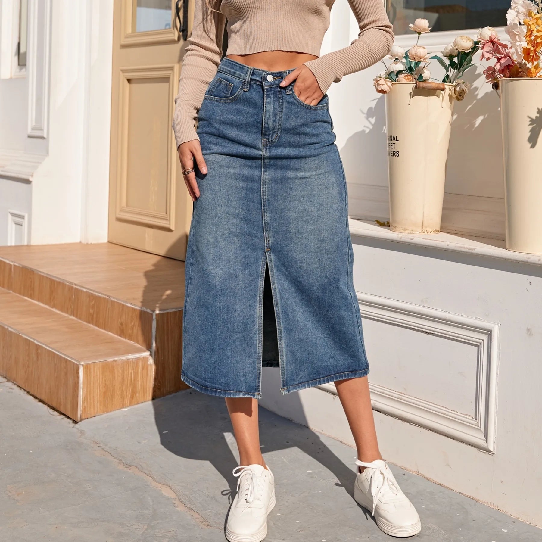 ZHISILAO New High Waist Straight Denim Skirt Women Vintage Split Fork Blue Long Bodycon Pencil Jean Skirt