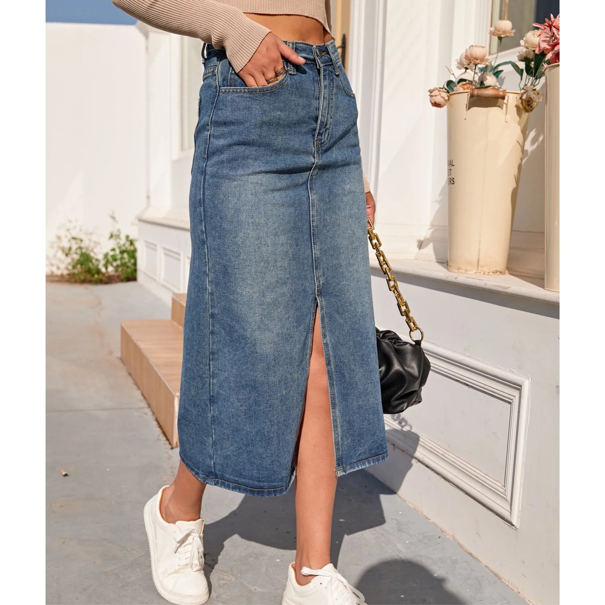 ZHISILAO New High Waist Straight Denim Skirt Women Vintage Split Fork Blue Long Bodycon Pencil Jean Skirt