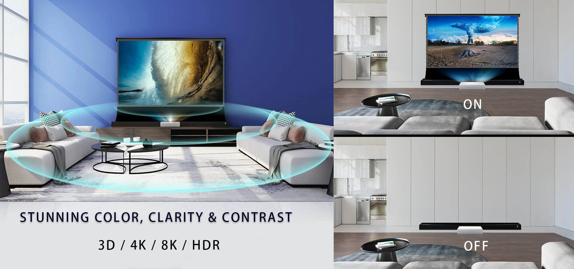 Laser 4K Projector with XIJING Electric Floor Rising Ambient Light Rejecting Rollable Projection Screen.3D Surround Sound Through micro hole processing, the screen surface aper- ture is controlled at 0.4mm; the small aperture, while maintaining sound transmission, also greatly reduces the problem of light loss.