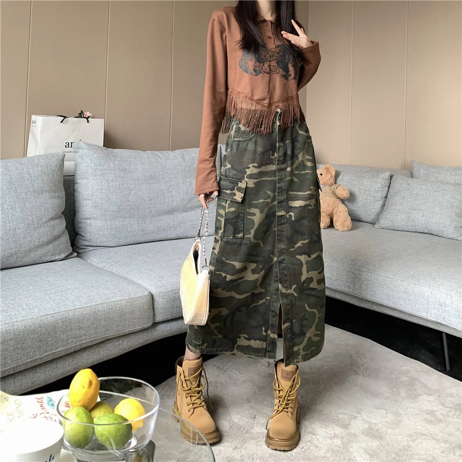 High-waisted Camouflage Skirt Women's Spring Summer New Street Style Slits Show Thin Big Pocket Cargo Mid-length Skirts Female