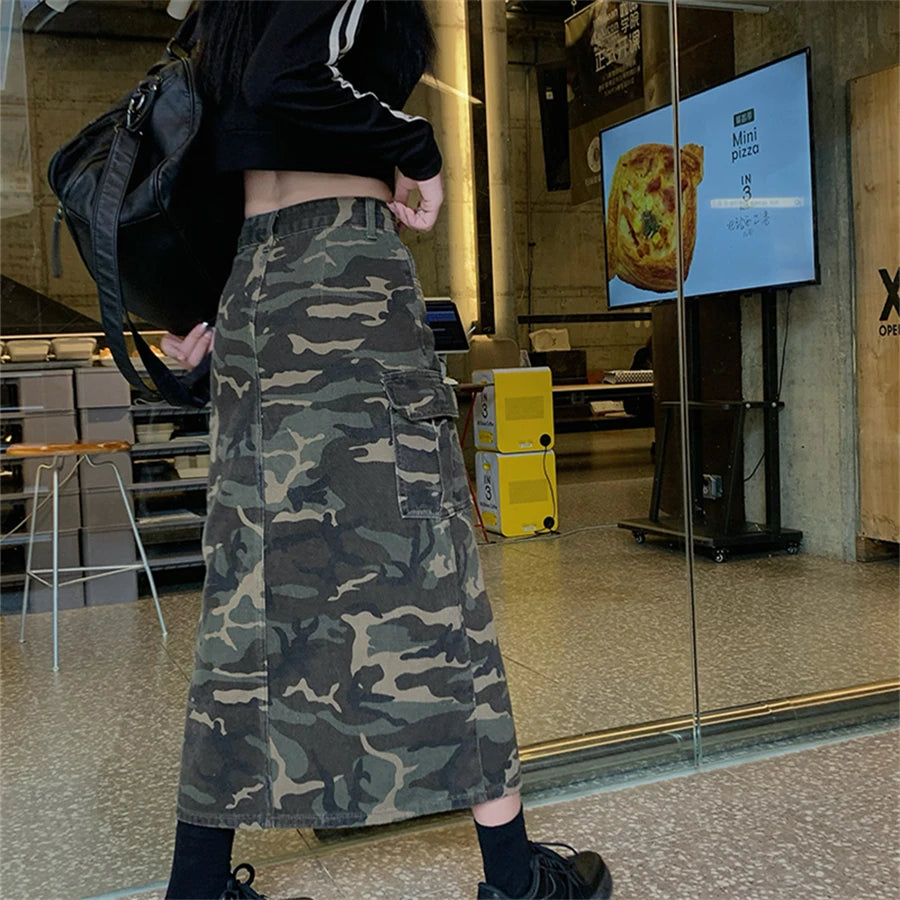 High-waisted Camouflage Skirt Women's Spring Summer New Street Style Slits Show Thin Big Pocket Cargo Mid-length Skirts Female