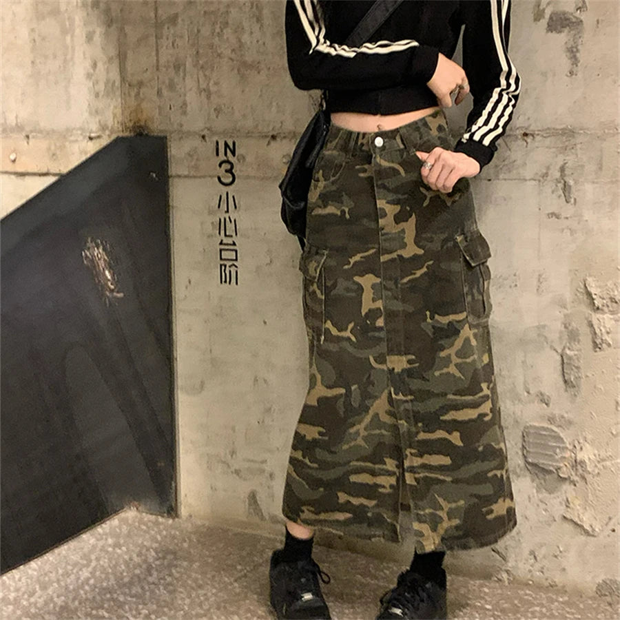 High-waisted Camouflage Skirt Women's Spring Summer New Street Style Slits Show Thin Big Pocket Cargo Mid-length Skirts Female