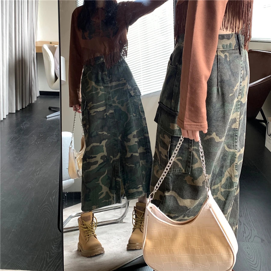 High-waisted Camouflage Skirt Women's Spring Summer New Street Style Slits Show Thin Big Pocket Cargo Mid-length Skirts Female