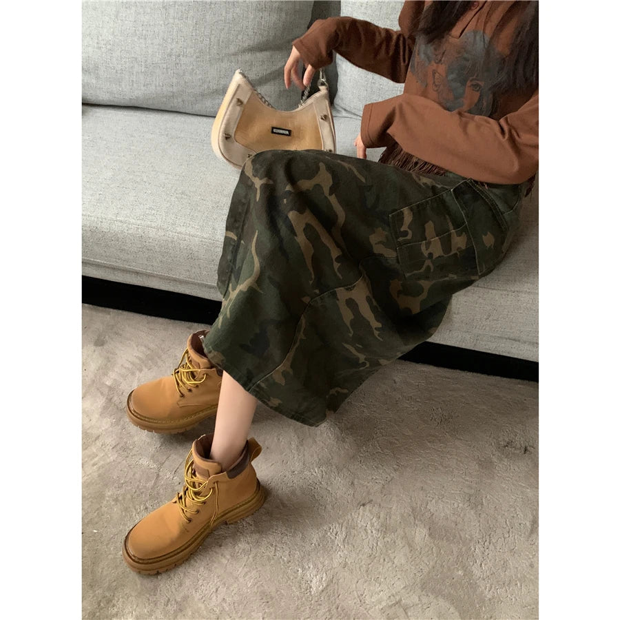 High-waisted Camouflage Skirt Women's Spring Summer New Street Style Slits Show Thin Big Pocket Cargo Mid-length Skirts Female