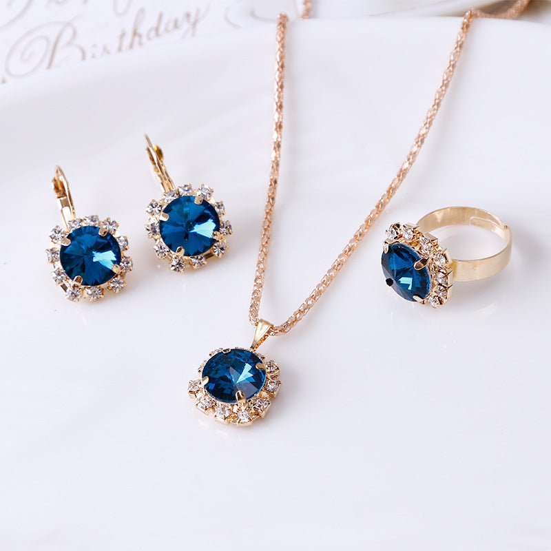 Europe and America fashion round crystal necklace earrings ring set hot jewelry jewelry jewelry