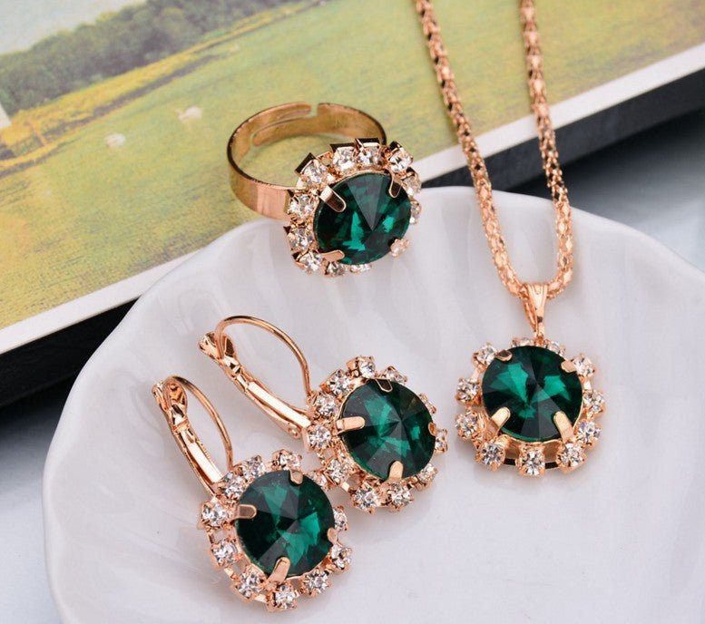 Europe and America fashion round crystal necklace earrings ring set hot jewelry jewelry jewelry
