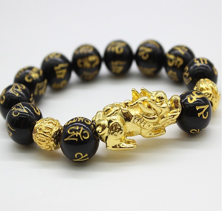 Natural Obsidian Bracelet Gold Leather Embroidered Men And Women