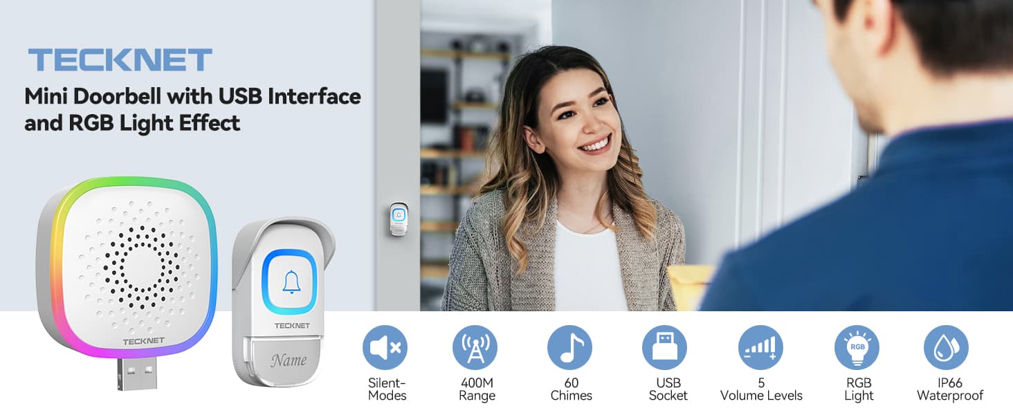 TECKNET Mini RGB Light Wireless Doorbell with USB Receiver