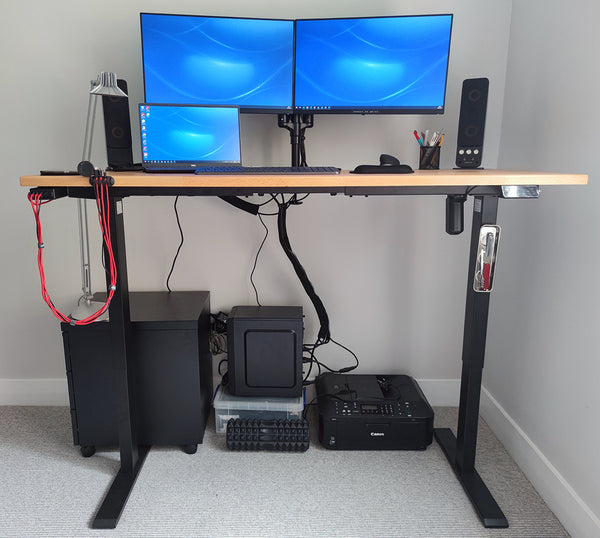 Standing desk DIY ideas 2 monitors 1 laptop printer 2 speakers for WFH people