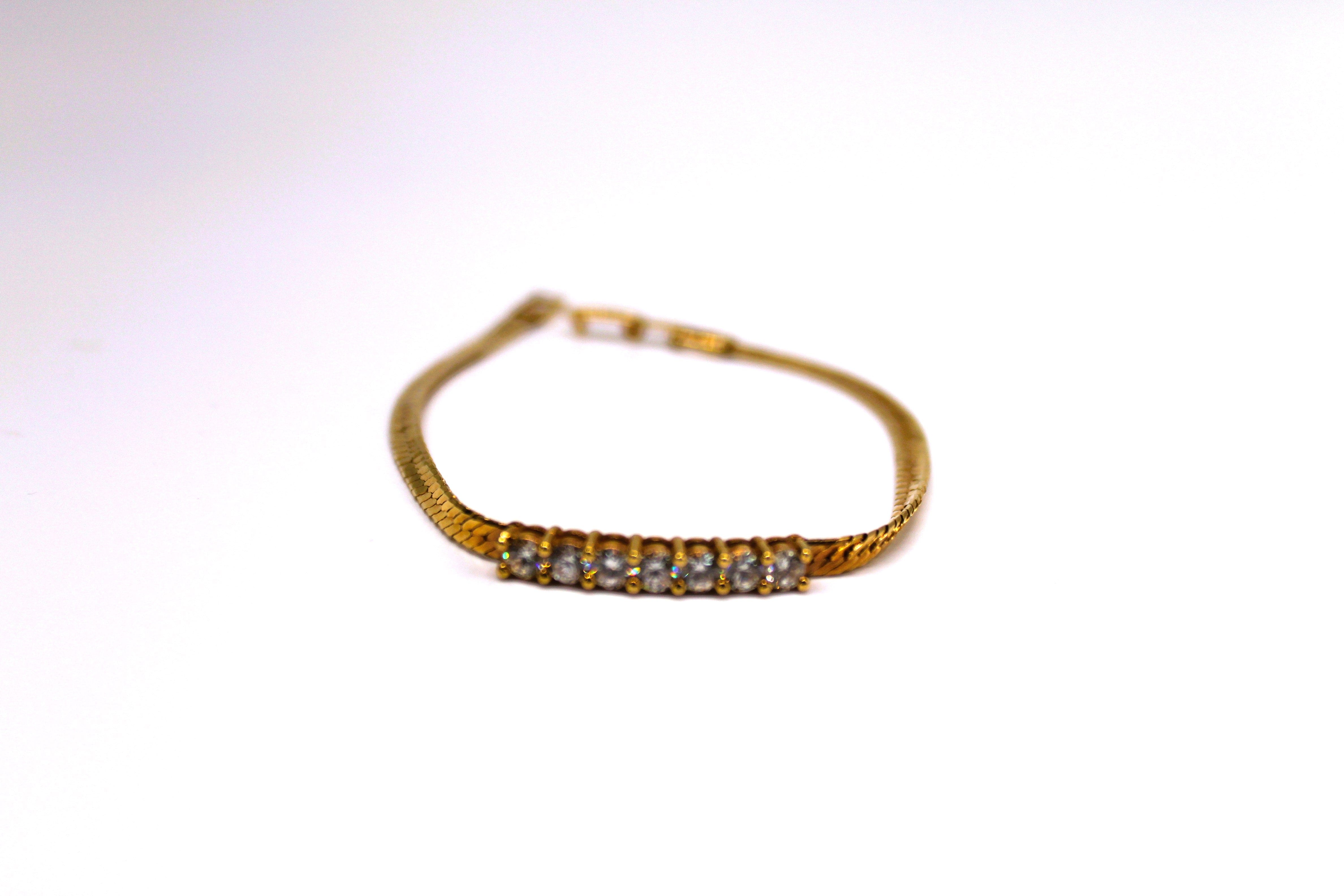 Vintage Gold Bracelet in Herringbone Pattern with Rhinestones