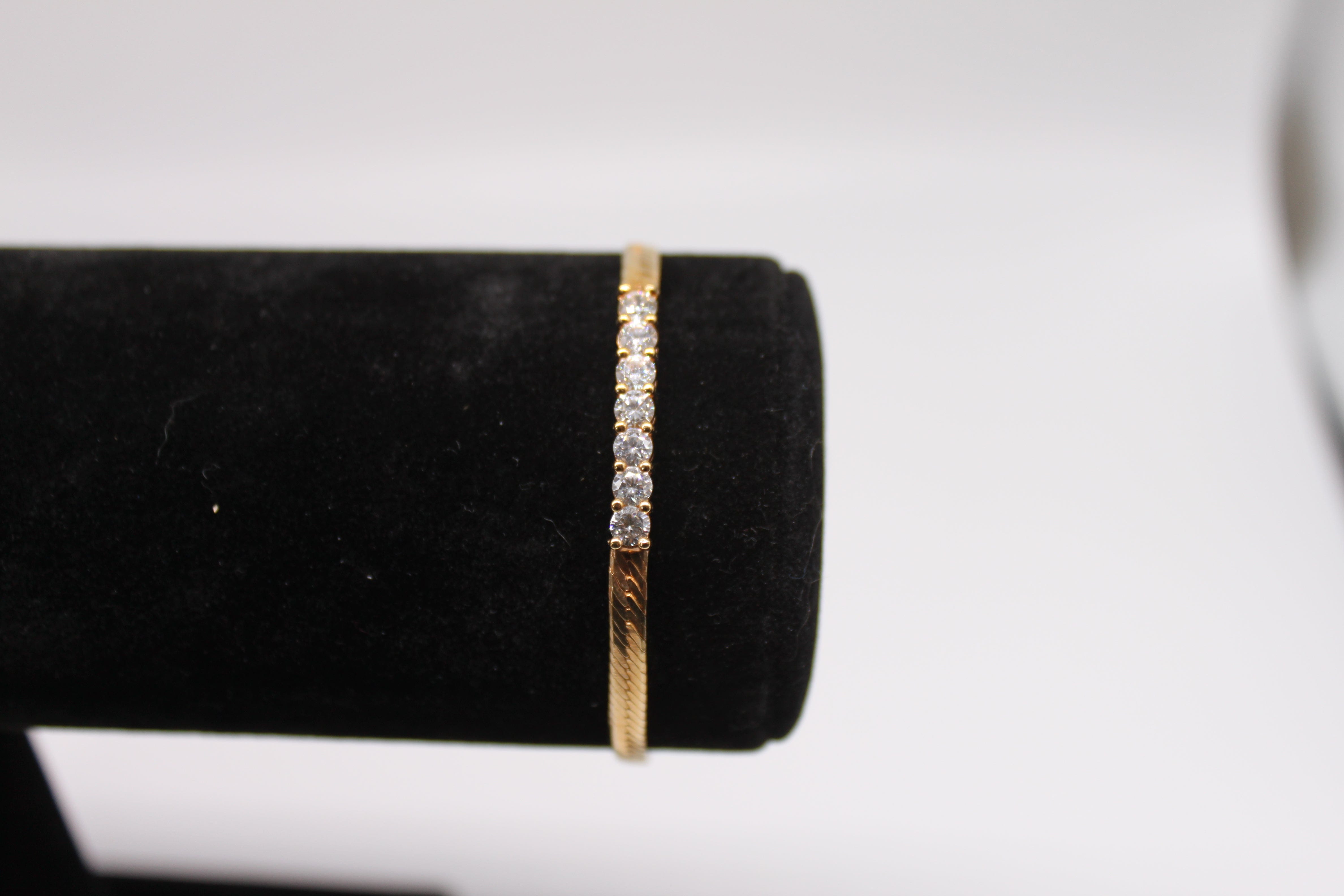 Vintage Gold Bracelet in Herringbone Pattern with Rhinestones