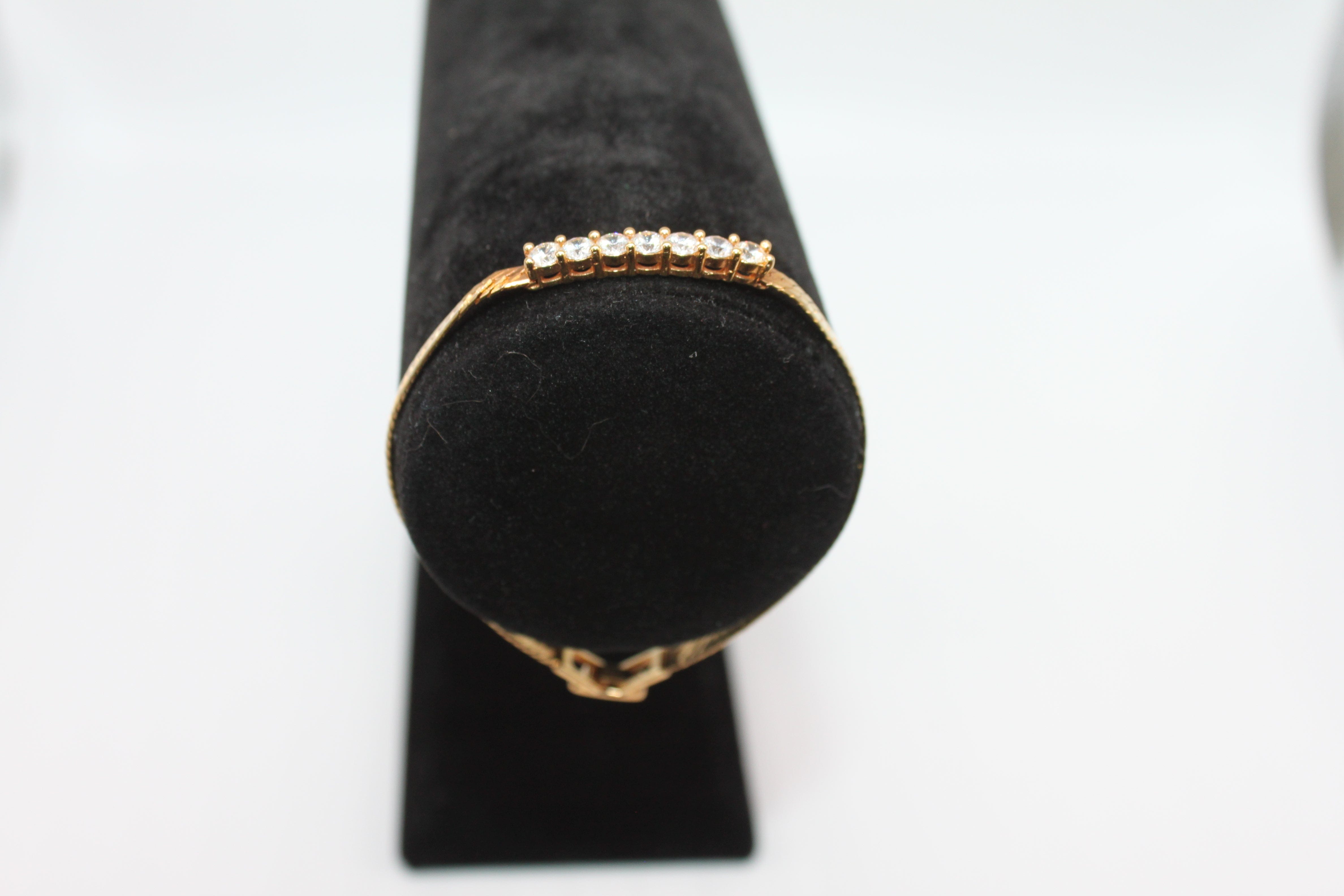 Vintage Gold Bracelet in Herringbone Pattern with Rhinestones