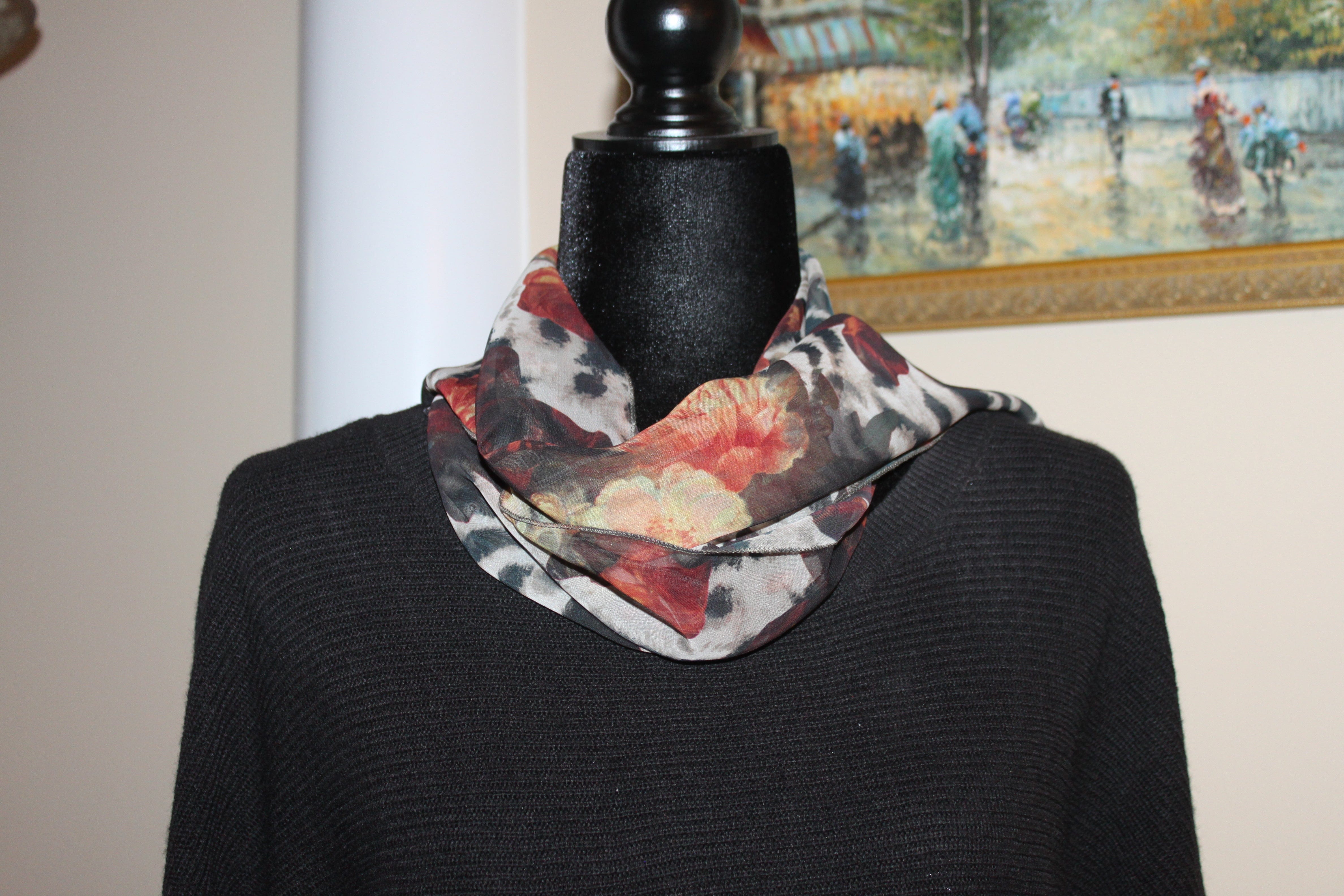 Head/neck, animal/floral pattern scarf - Black, beige, brown, burgundy (56x12