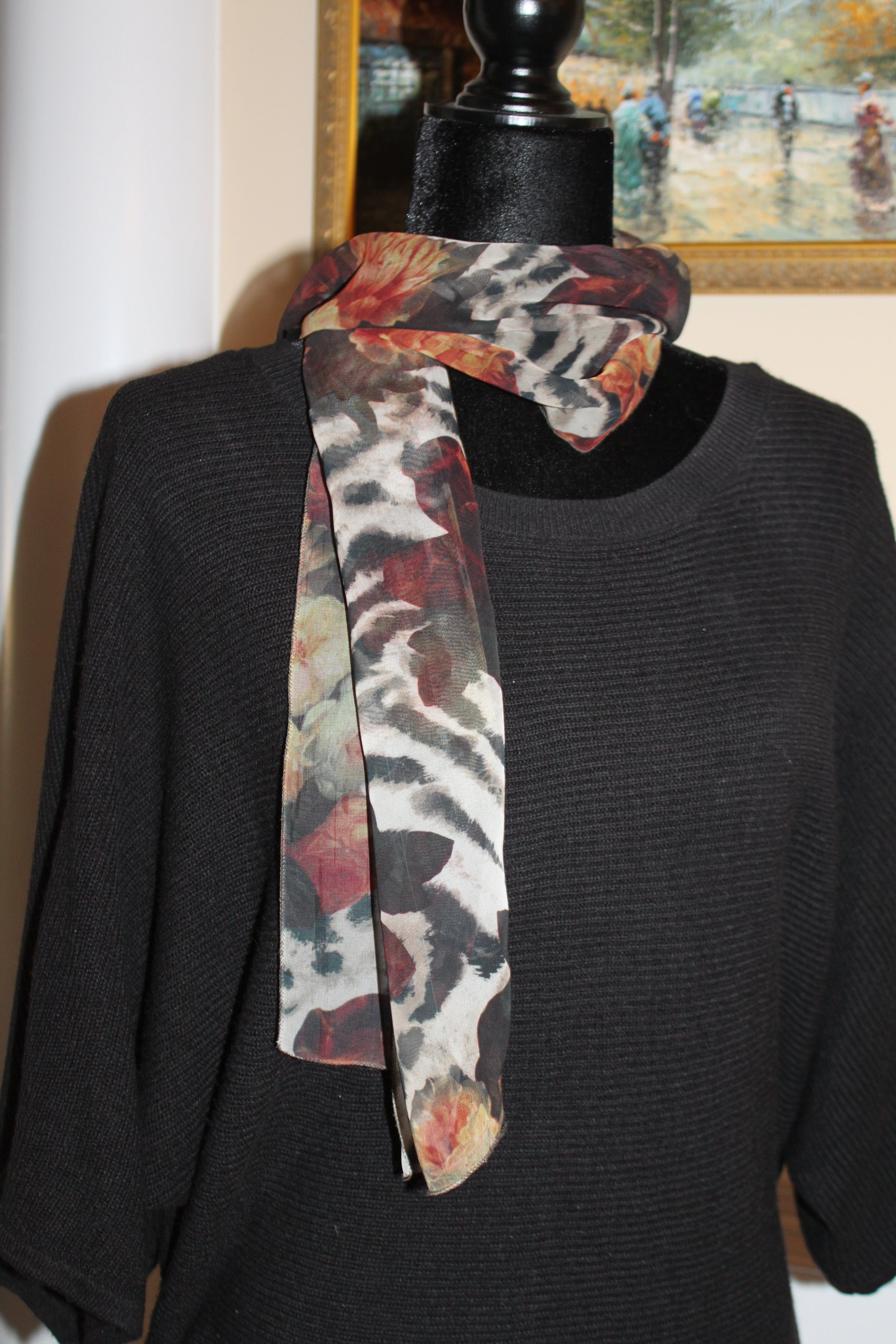 Head/neck, animal/floral pattern scarf - Black, beige, brown, burgundy (56x12