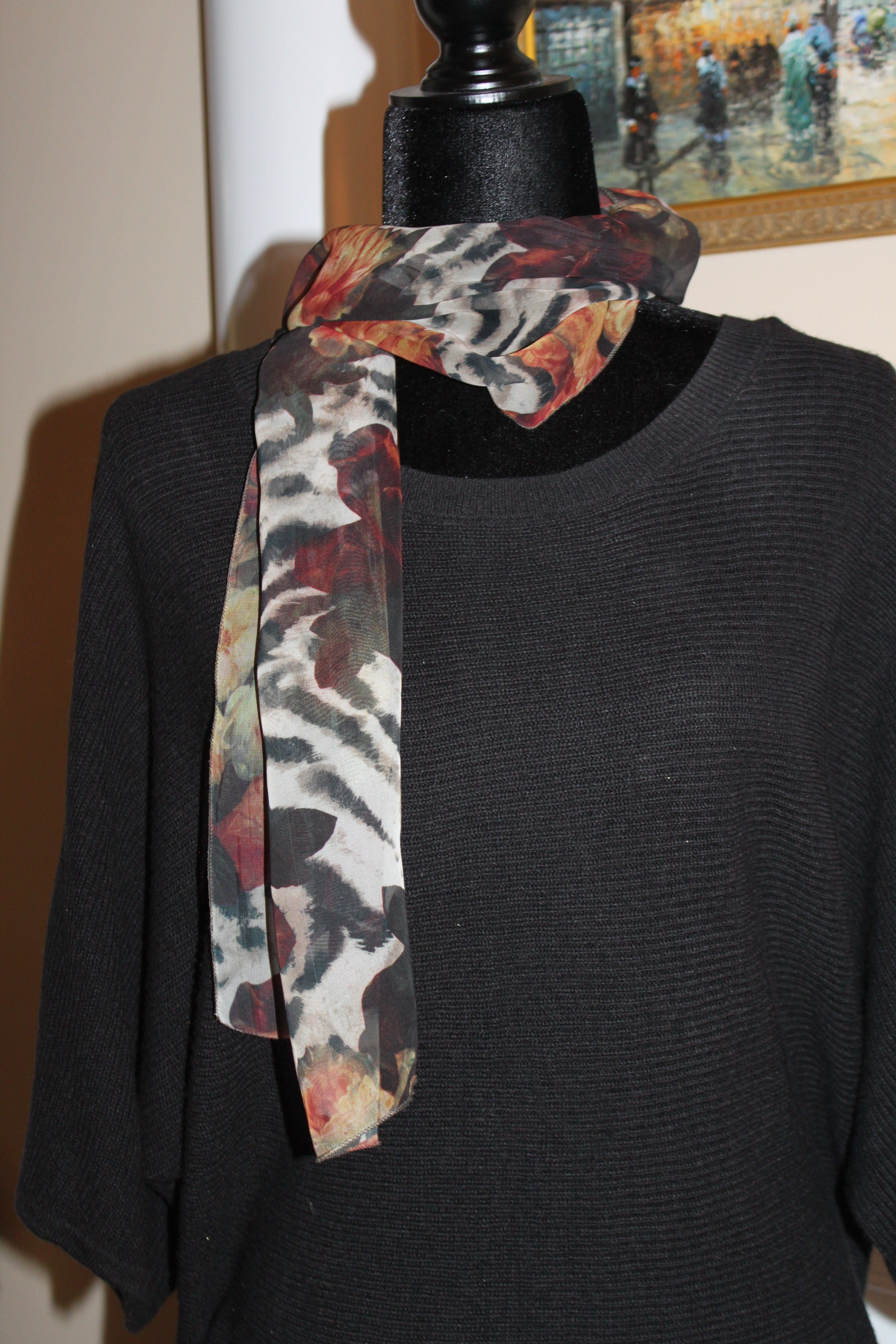 Head/neck, animal/floral pattern scarf - Black, beige, brown, burgundy (56x12