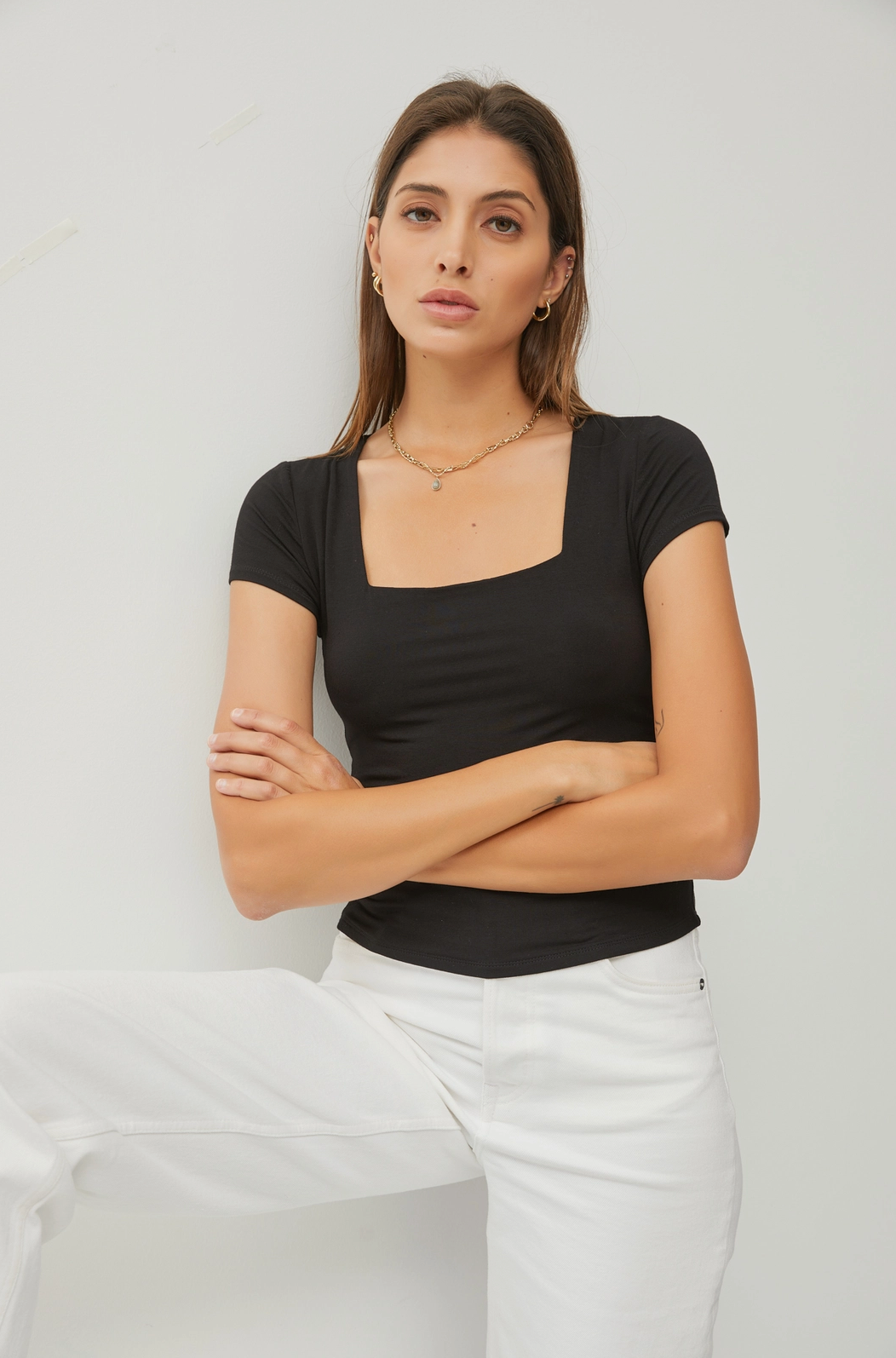 Black Square Neck Knit Tee