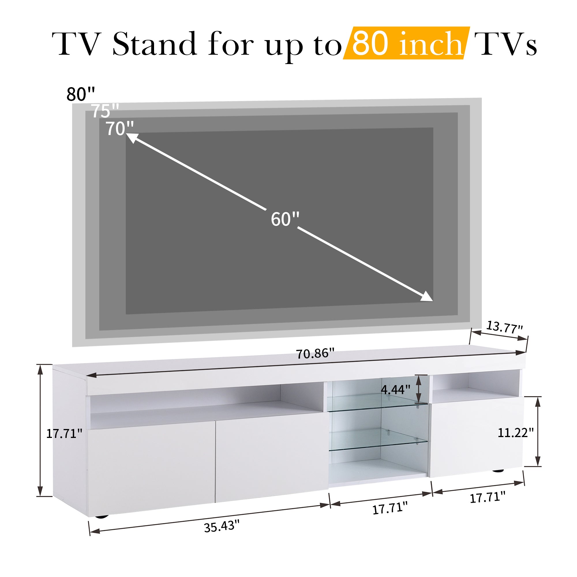 Modern Design TV Stands for TVs up to 80', LED Light Entertainment Center, Media Console with Multi-Functional Storage, TV cabinet for Living room,Bedroom, Home Theatre
