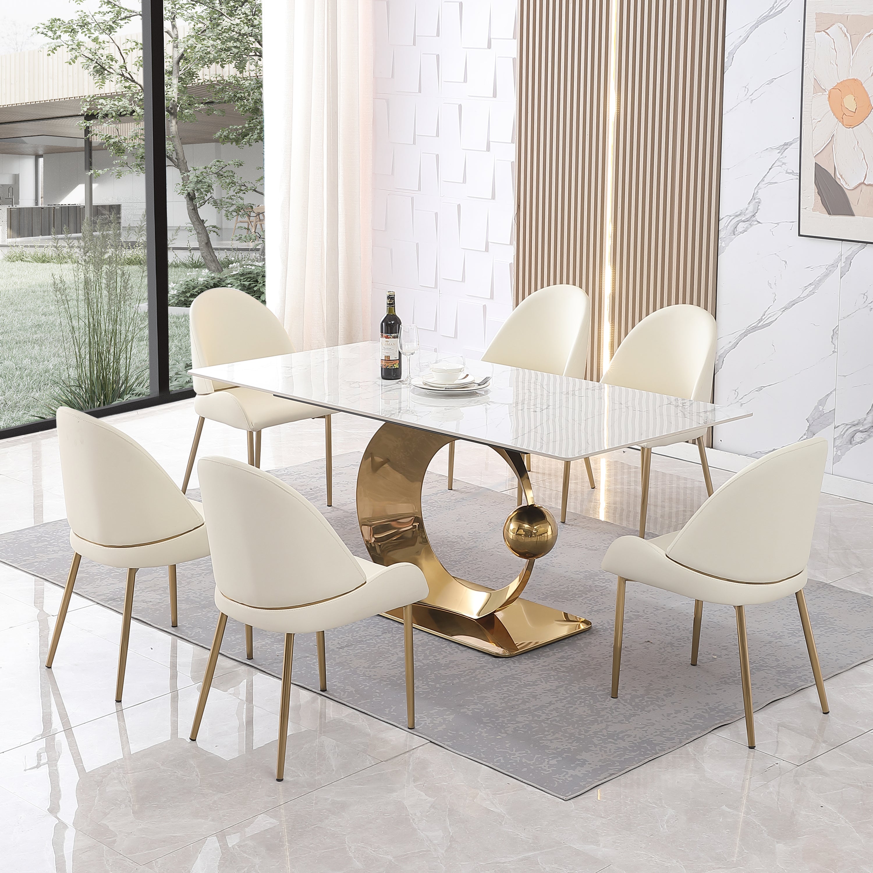 71-Inch Stone DiningTable with Carrara White color and Round special shape carbon steel  Pedestal Base with 6PCS Chairs