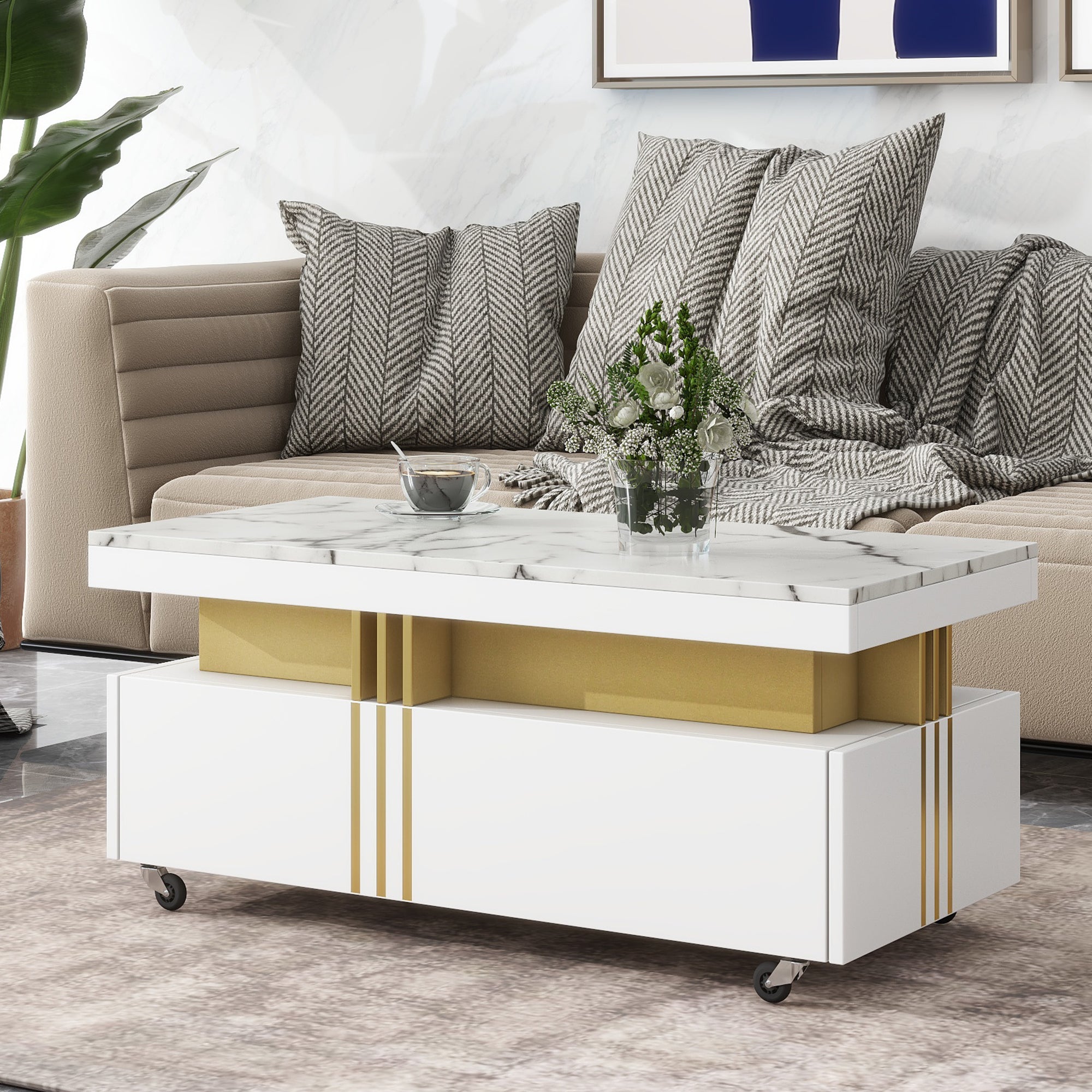 ON-TREND Contemporary Coffee Table with Faux Marble Top, Rectangle Cocktail Table with Caster Wheels, Moderate Luxury Center Table with Gold Metal Bars for Living Room, White