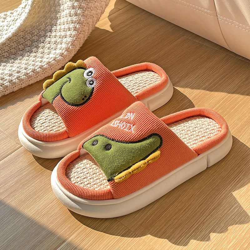 Sweat-absorbent Non-slip Breathable Thick-soled Cartoon Cute Little Dinosaur Linen Slippers