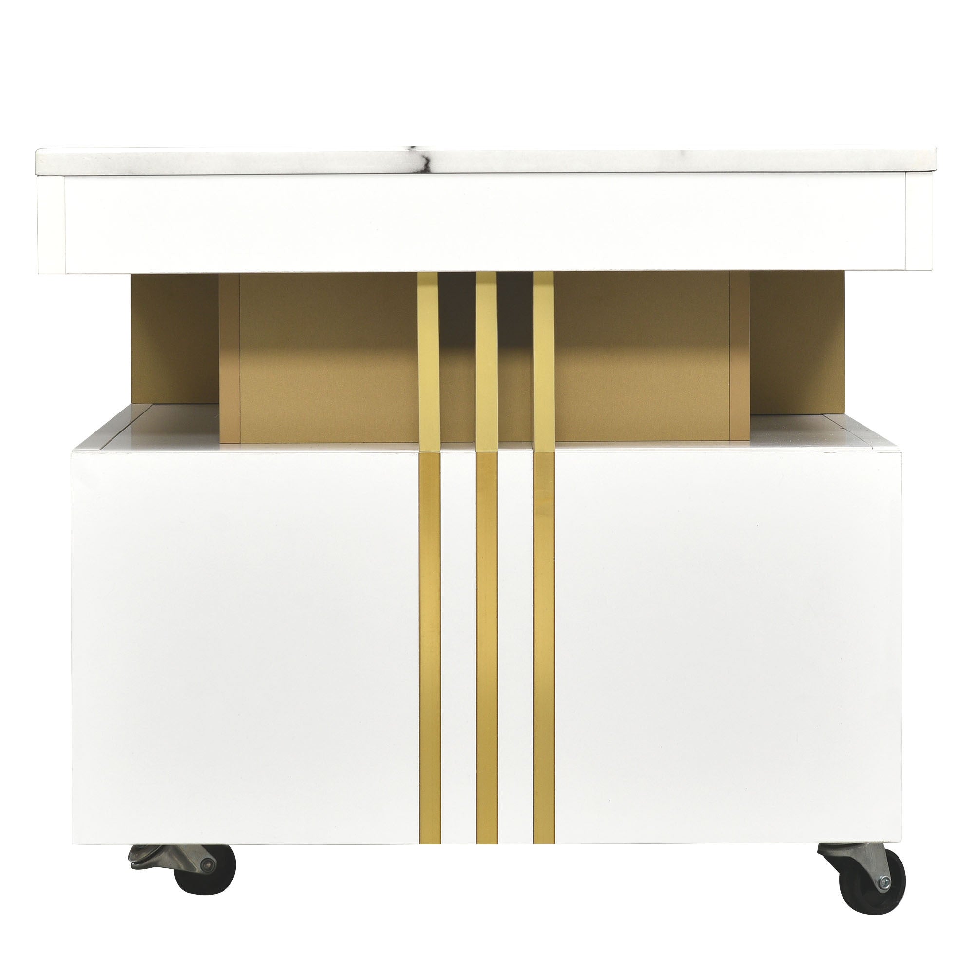 ON-TREND Contemporary Coffee Table with Faux Marble Top, Rectangle Cocktail Table with Caster Wheels, Moderate Luxury Center Table with Gold Metal Bars for Living Room, White
