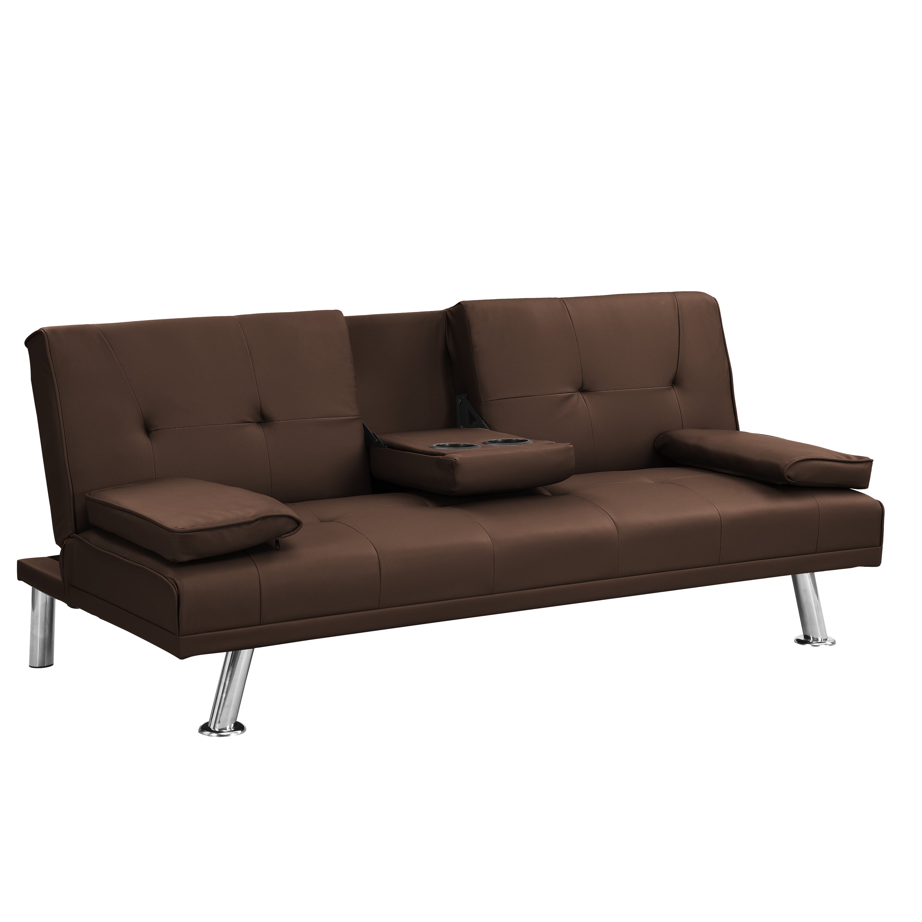 Sofa Bed with Armrest two holders  WOOD FRAME, STAINLESS LEG, FUTON BROWN  PVC