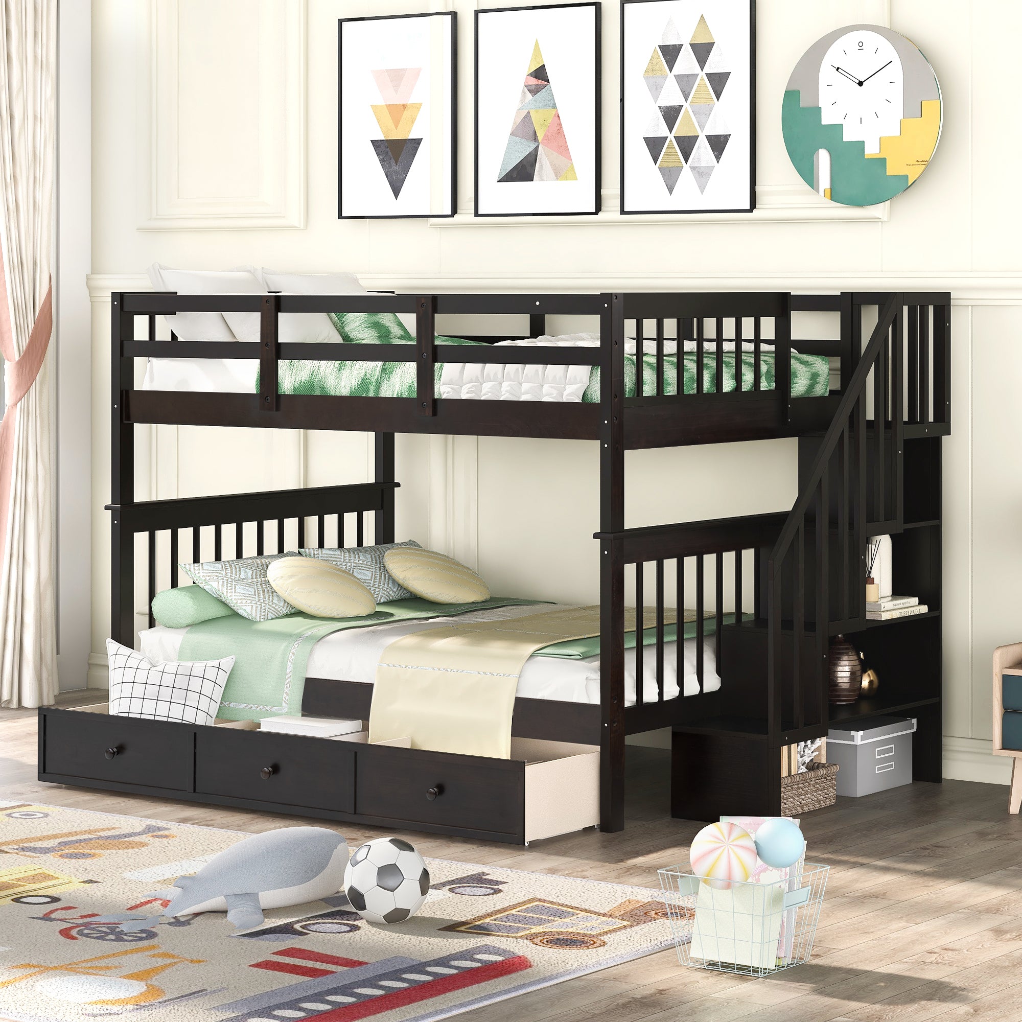 Stairway Full-Over-Full Bunk Bed with Drawer, Storage and Guard Rail for Bedroom, Espresso color( old sku: LP000310AAP )