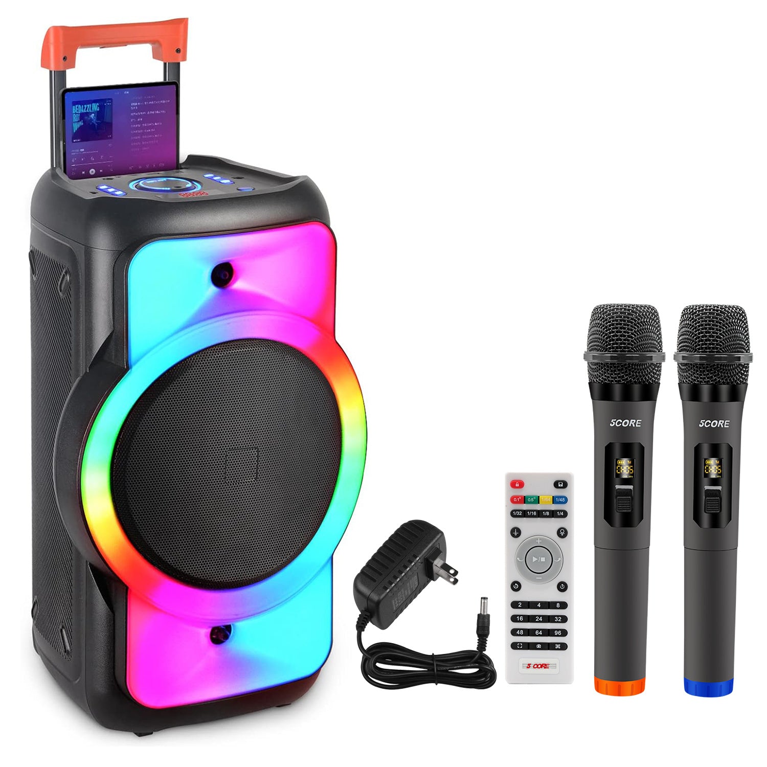 5 Core Bluetooth Speaker Karaoke Machine Portable Singing PA System w Cool DJ Light Support FM + TWS + USB + Memory Card+ AUX + REC Party Speakers Includes Two Wireless Mics -PLB 12X1 2MIC