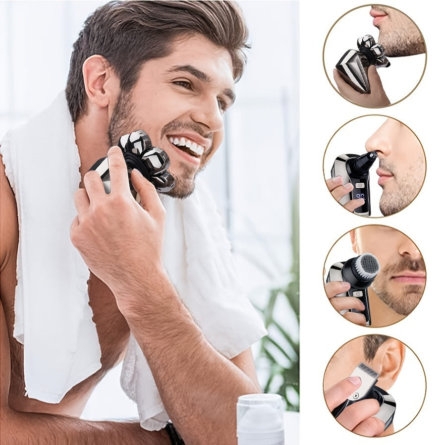 Electric Head Hair Shaver LED Display Ultimate Mens Cordless Rechargeable Wet/Dry Skull & Bald Head Waterproof Razor With Rotary Blades; Clippers; Nose Trimmer; Brush; Massager